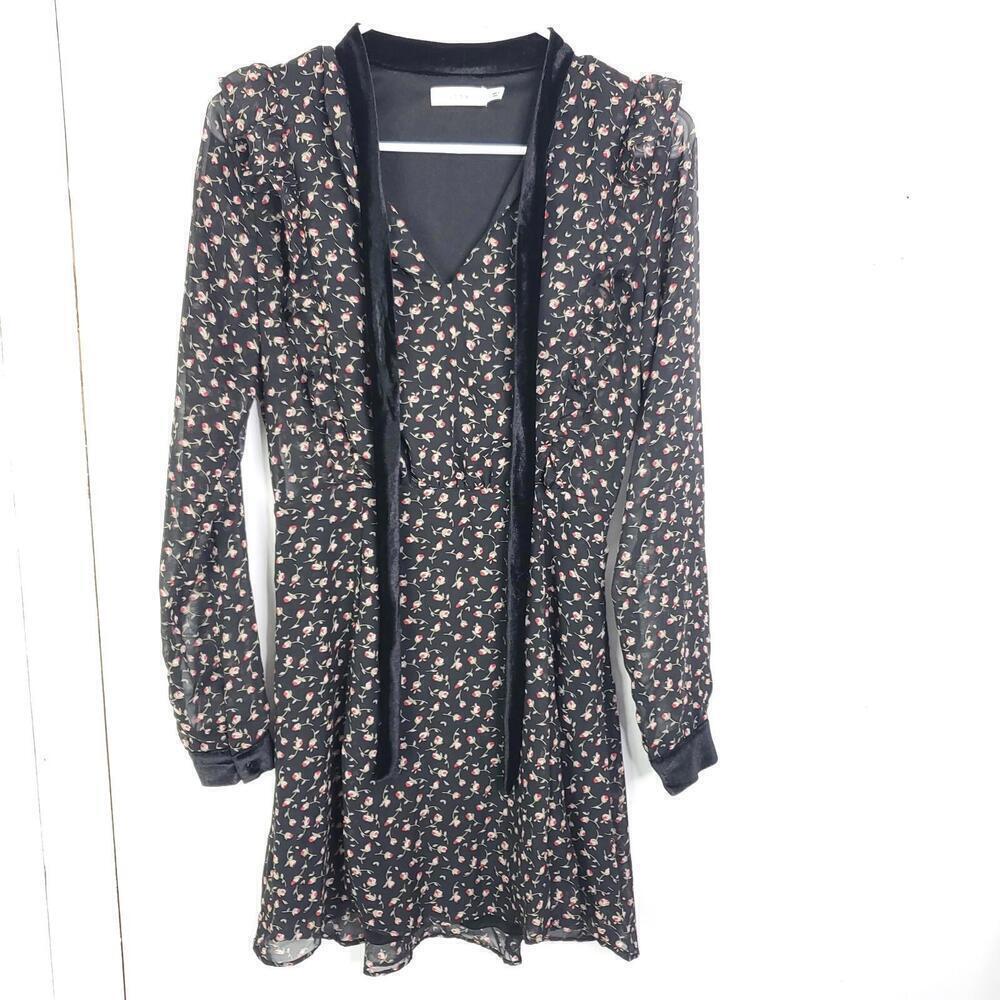 Lush Dress Womens S Tie Neck Long Sleeve Lined Short Floral - Picture 1 of 11